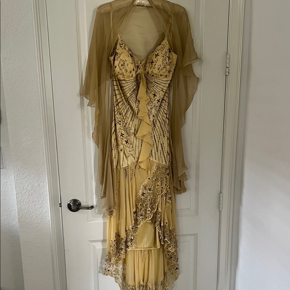 Elegant Sue Wong Sun Gold Beaded Evening Dress with Silk flutter Scarf